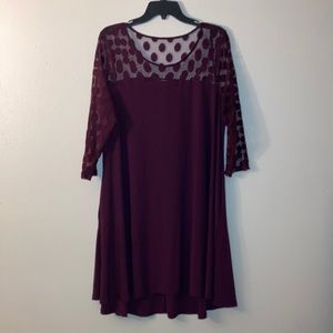 Burgundy color high low midi dress with mesh sleeves and collar